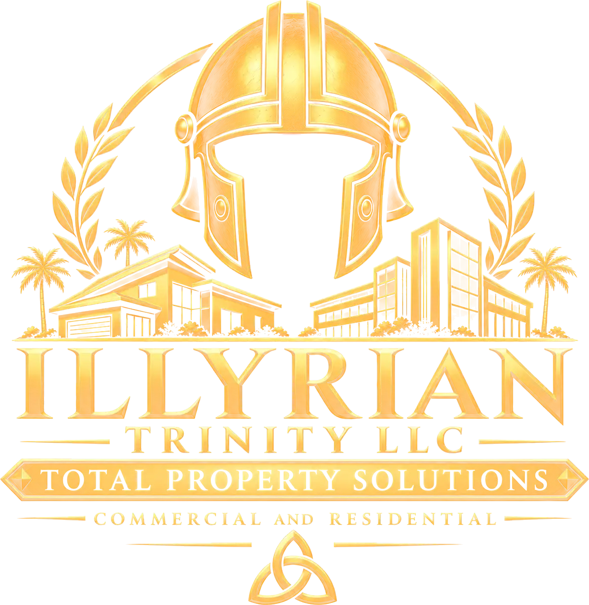 Illyrian Trinity emblem: a gold Illyrian helmet over a home and an office building, framed by laurels, with a trinity knot below